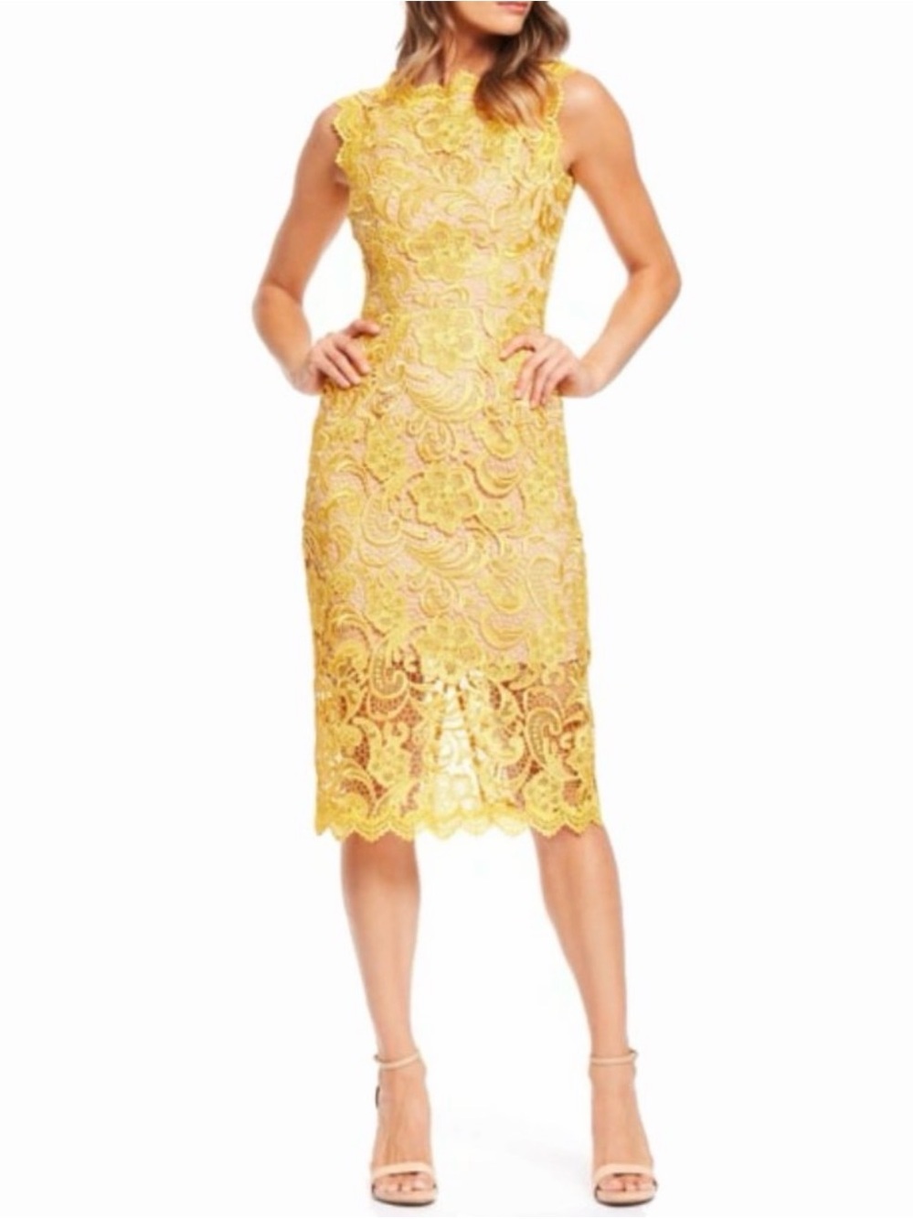Dress the Population | Yellow Lace Midi Dress